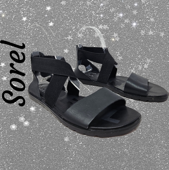 Sorel Sandels Womens Sz 7 Ella II Black Leather Flat Elastic Gore Ankle Strap - Picture 1 of 11